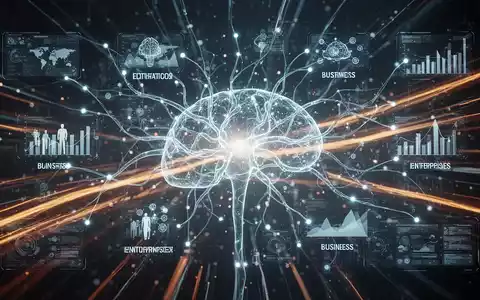 Ein abstraktes, leuchtendes neuronales Netz verbindet Geschäftsbereiche und Datenpunkte, symbolisierend die KI-Transformation in Unternehmen. - Foto: über boerse-global.de