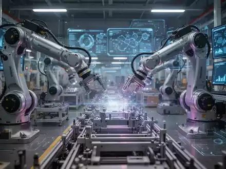 Eine futuristische Fabrikhalle mit Roboterarmen, die Komponenten bewegen, digitalen Dashboards und leuchtenden KI-Schnittstellen. - Foto: über boerse-global.de