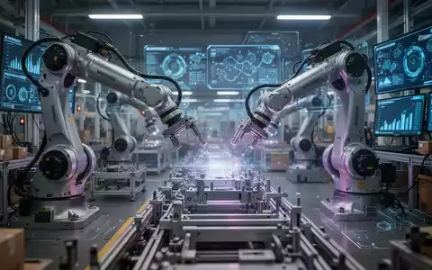 Eine futuristische Fabrikhalle mit Roboterarmen, die Komponenten bewegen, digitalen Dashboards und leuchtenden KI-Schnittstellen. - Foto: über boerse-global.de