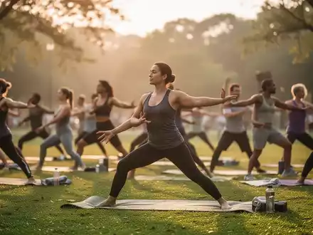 Eine vielfältige Gruppe von Menschen praktiziert Yoga im Freien in einem ruhigen Park bei Sonnenaufgang. - Foto: über boerse-global.de