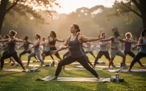 Eine vielfältige Gruppe von Menschen praktiziert Yoga im Freien in einem ruhigen Park bei Sonnenaufgang. - Foto: über boerse-global.de
