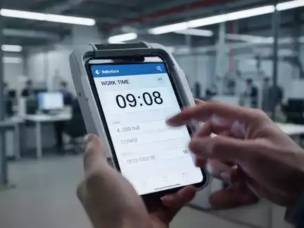 Nahaufnahme einer digitalen Zeiterfassung auf einem Bildschirm, mit unscharfen Händen, die damit interagieren. Symbolisiert Arbeitszeiterfassung und Mindestlohnkontrollen. - Foto: über boerse-global.de