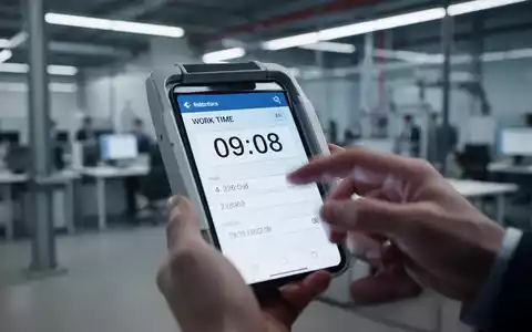 Nahaufnahme einer digitalen Zeiterfassung auf einem Bildschirm, mit unscharfen Händen, die damit interagieren. Symbolisiert Arbeitszeiterfassung und Mindestlohnkontrollen. - Foto: über boerse-global.de