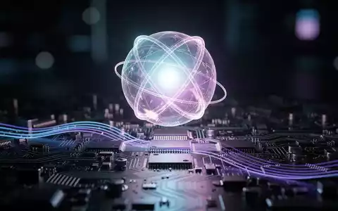 Ein stilisiertes, leuchtendes Quantenbit-Symbol schwebt über einer Platine mit blauen und violetten Lichtspuren. - Foto: über boerse-global.de