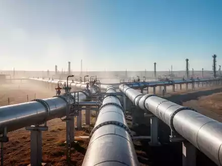 Eine lange, moderne Erdgasleitung erstreckt sich über eine weite, sonnenbeschienene Landschaft unter blauem Himmel. - Foto: über boerse-global.de
