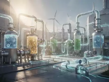 Eine futuristische Anlage für saubere Energie mit leuchtenden Pipelines, die eine geschlossene Rohstoffkette symbolisieren. - Foto: über boerse-global.de