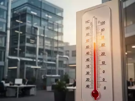 Ein Thermometer zeigt extreme Temperaturen vor dem Hintergrund eines modernen Bürogebäudes oder einer Fabrik, symbolisiert Hitze am Arbeitsplatz. - Foto: über boerse-global.de