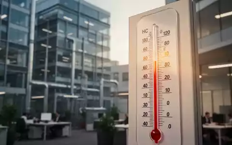 Ein Thermometer zeigt extreme Temperaturen vor dem Hintergrund eines modernen Bürogebäudes oder einer Fabrik, symbolisiert Hitze am Arbeitsplatz. - Foto: über boerse-global.de