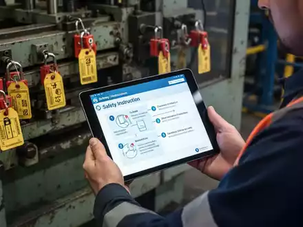 Ein Arbeiter hält ein Tablet, das digitale Sicherheitsanweisungen in einer Industrieumgebung anzeigt. Im Hintergrund sind Maschinen mit Lockout-Tagout-Geräten zu sehen. - Foto: über boerse-global.de