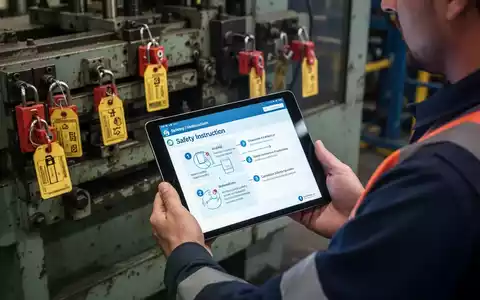 Ein Arbeiter hält ein Tablet, das digitale Sicherheitsanweisungen in einer Industrieumgebung anzeigt. Im Hintergrund sind Maschinen mit Lockout-Tagout-Geräten zu sehen. - Foto: über boerse-global.de