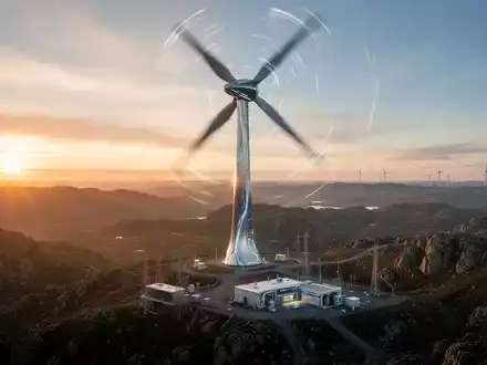 Eine riesige Windturbine bei Sonnenaufgang über einer rauen Landschaft, mit einer Forschungsanlage darunter. - Foto: über boerse-global.de