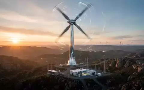 Eine riesige Windturbine bei Sonnenaufgang über einer rauen Landschaft, mit einer Forschungsanlage darunter. - Foto: über boerse-global.de