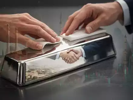 Eine Hand poliert einen glänzenden Silberbarren, der eine verschwommene Reflexion einer Landschaft oder einer Vereinbarung zeigt. - Foto: über boerse-global.de
