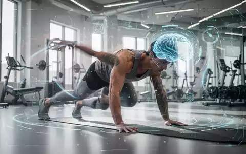 Eine Person führt eine Bärenkriechbewegung in einem modernen Fitnessstudio aus, mit stilisierten digitalen Elementen, die kognitives Training andeuten. - Foto: über boerse-global.de