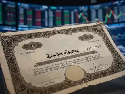 Ein historisches Aktienzertifikat vor einem unscharfen Hintergrund eines modernen Handelsraums, das die Wiederaufnahme einer Notierung symbolisiert. - Foto: über boerse-global.de