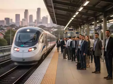 Pendler warten auf einem Bahnsteig, während ein moderner Zug einfährt, mit einer Stadtkulisse im Hintergrund. - Foto: über boerse-global.de