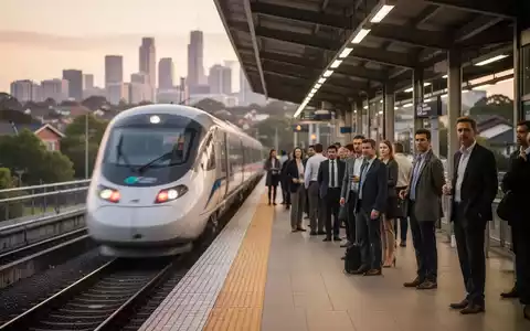 Pendler warten auf einem Bahnsteig, während ein moderner Zug einfährt, mit einer Stadtkulisse im Hintergrund. - Foto: über boerse-global.de