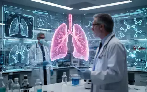 Nahaufnahme von medizinischen Displays, die Lungenbilder und molekulare Strukturen zeigen, mit einer verschwommenen Person im Hintergrund. - Foto: über boerse-global.de