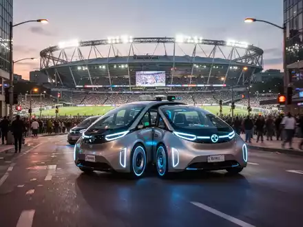A sleek, driverless robotaxi on a busy city street, with the blurred lights of a stadium and crowds in the background. - Foto: über boerse-global.de