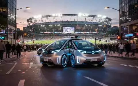 A sleek, driverless robotaxi on a busy city street, with the blurred lights of a stadium and crowds in the background. - Foto: über boerse-global.de