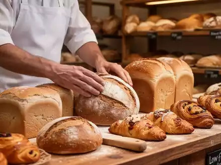 Hände eines Bäckers arrangieren Brot und Gebäck auf einer Theke, mit unterschiedlichen Backwaren im Hintergrund. - Foto: über boerse-global.de