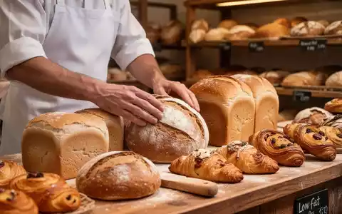 Hände eines Bäckers arrangieren Brot und Gebäck auf einer Theke, mit unterschiedlichen Backwaren im Hintergrund. - Foto: über boerse-global.de