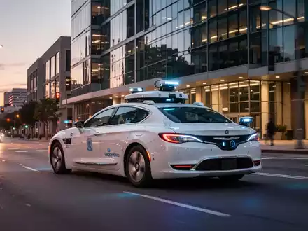 A Waymo robotaxi on a city street at dusk, with modern buildings in the background, illustrating autonomous driving technology. - Foto: über boerse-global.de