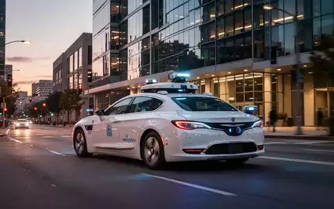 A Waymo robotaxi on a city street at dusk, with modern buildings in the background, illustrating autonomous driving technology. - Foto: über boerse-global.de