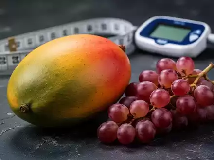 Nahaufnahme einer reifen Mango und Trauben auf dunklem Hintergrund, mit einem unscharfen Blutzuckermessgerät im Hintergrund. - Foto: über boerse-global.de