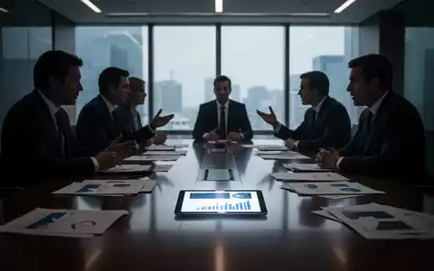 Ein dunkler Konferenzraum mit einem langen Tisch, auf dem Unterlagen und ein Tablet mit Finanzcharts liegen. Silhouetten von Managern diskutieren angeregt. - Foto: über boerse-global.de