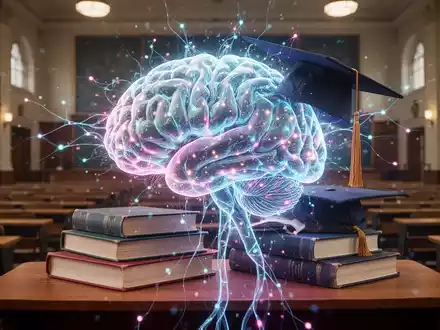 Eine futuristische, leuchtende KI-Struktur verschmilzt mit Büchern und einem Doktorhut in einem Hörsaal und symbolisiert den Einfluss von KI auf die Bildung. - Foto: über boerse-global.de