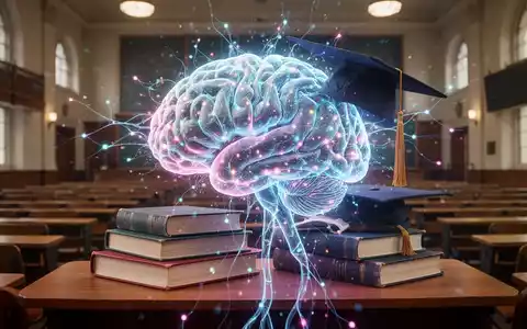 Eine futuristische, leuchtende KI-Struktur verschmilzt mit Büchern und einem Doktorhut in einem Hörsaal und symbolisiert den Einfluss von KI auf die Bildung. - Foto: über boerse-global.de