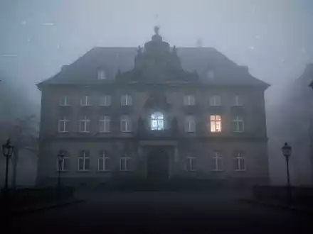 Ein historisches deutsches Verwaltungsgebäude im Nebel, mit einem schwachen digitalen Licht aus einem Fenster, das langsame digitale Transformation symbolisiert. - Foto: über boerse-global.de