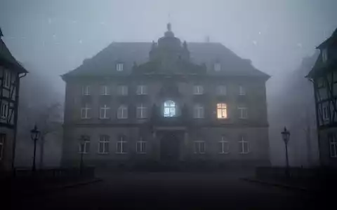 Ein historisches deutsches Verwaltungsgebäude im Nebel, mit einem schwachen digitalen Licht aus einem Fenster, das langsame digitale Transformation symbolisiert. - Foto: über boerse-global.de