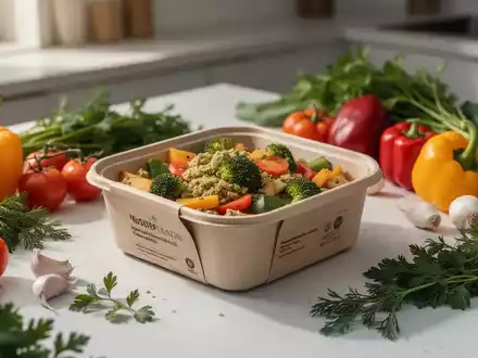 Ein ansprechend angerichtetes veganes Fertiggericht in einer modernen Verpackung, umgeben von frischem Gemüse und Kräutern. - Foto: über boerse-global.de