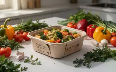 Ein ansprechend angerichtetes veganes Fertiggericht in einer modernen Verpackung, umgeben von frischem Gemüse und Kräutern. - Foto: über boerse-global.de