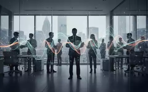 Abstrakte Darstellung von Energiefluss und Datenvisualisierung, mit stilisierten Silhouetten von Führungskräften in einem modernen Büro. - Foto: über boerse-global.de
