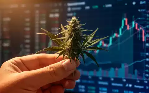 Eine Hand hält eine getrocknete Cannabisblüte. Im Hintergrund verschwommene Finanzdiagramme, die die Kosten im Gesundheitssystem darstellen. - Foto: über boerse-global.de