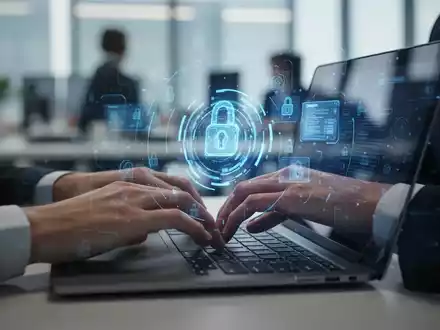 Close-up of hands typing on a laptop, with a blue digital overlay hinting at connectivity problems in an office setting. - Foto: über boerse-global.de