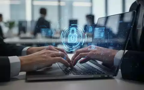 Close-up of hands typing on a laptop, with a blue digital overlay hinting at connectivity problems in an office setting. - Foto: über boerse-global.de