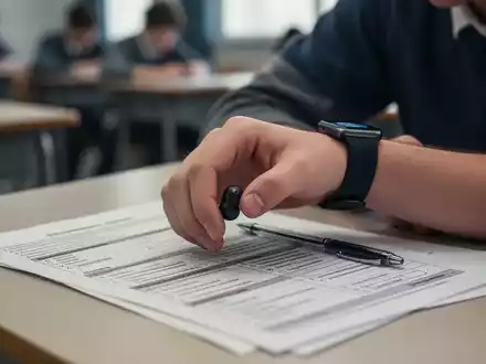 Eine Hand benutzt diskret ein Smart-Gerät während einer Prüfung, im Vordergrund ein traditioneller Stift und Papier. - Foto: über boerse-global.de