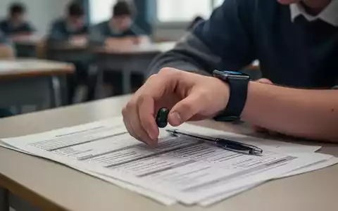 Eine Hand benutzt diskret ein Smart-Gerät während einer Prüfung, im Vordergrund ein traditioneller Stift und Papier. - Foto: über boerse-global.de