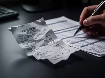 Eine zerknüllte Quittung liegt auf einem dunklen Schreibtisch, während eine Hand einen Stift über eine Tabelle hält. - Foto: über boerse-global.de