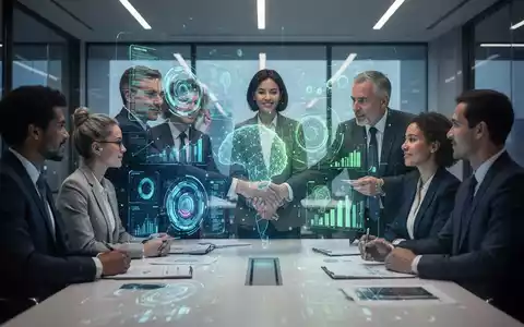 A diverse group of business consultants collaborating around a holographic projection of abstract AI data visualizations in a modern office. - Foto: über boerse-global.de