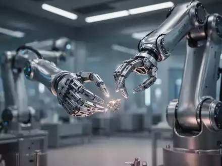 A close-up of a sophisticated robotic arm with a multi-jointed hand, performing a precise task in a high-tech industrial setting. - Foto: über boerse-global.de