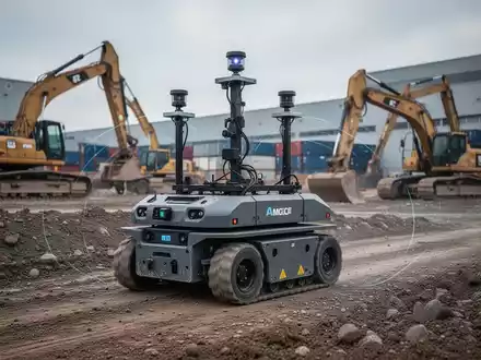 An outdoor autonomous mobile robot with multiple lidar sensors navigating an industrial site with heavy machinery. - Foto: über boerse-global.de
