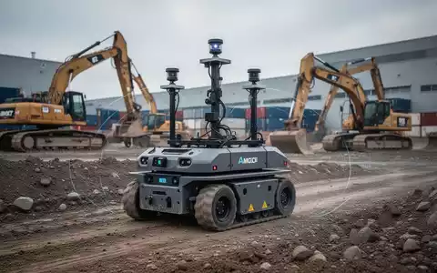 An outdoor autonomous mobile robot with multiple lidar sensors navigating an industrial site with heavy machinery. - Foto: über boerse-global.de