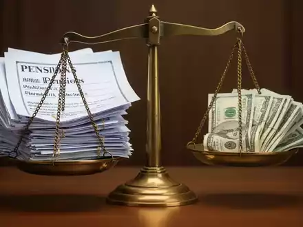 Eine Waage, bei der eine Seite mit Dokumenten, die Pensionen darstellen, stark überwiegt, während die andere Seite, die Renten darstellt, leicht ist. - Foto: über boerse-global.de