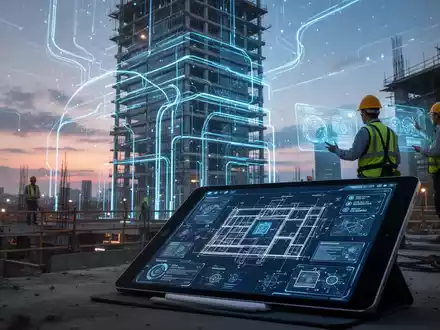 Eine futuristische Baustelle bei Sonnenuntergang mit blauen, leuchtenden digitalen Linien, die KI und Datenfluss symbolisieren. - Foto: über boerse-global.de