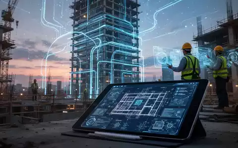 Eine futuristische Baustelle bei Sonnenuntergang mit blauen, leuchtenden digitalen Linien, die KI und Datenfluss symbolisieren. - Foto: über boerse-global.de